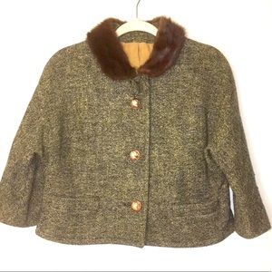 Vintage 1950s-1960s Wool Cropped Coat w/ Removable Genuine Fur Trimmed Collar